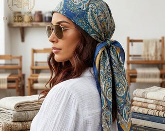 Bufanda de seda vintage, pañuelo de algodón, pañuelo para la cabeza con motivo de sol, envoltura para el cabello de estilo vintage, regalo de lujo para el cuello, regalo para ella.