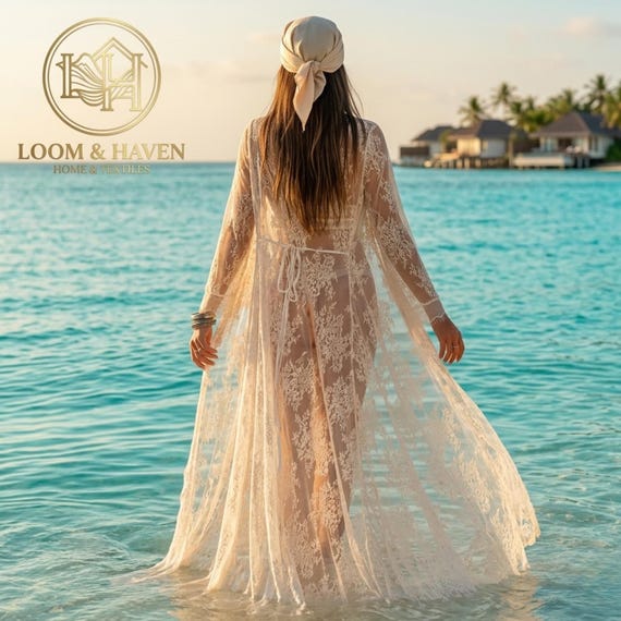 Lace Kimono Cover Up for Women, Sheer Maxi Cardigan, Boho Beach Cover Up, Lace Duster, Resort Wear, Vacation Outfit, gift for her.