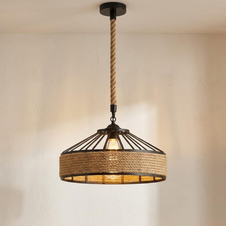 Rustic Rope Central Light Rustic Rope Pendant Light, Industrial Black Metal Ceiling Lamp With ...