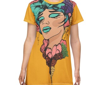 Floral Femme Portrait T-Shirt Kleid | Gelb| Vollständig bedruckt