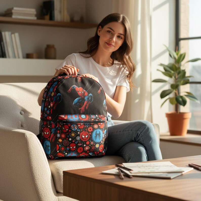K&ouml;nnte beinhalten: Schwarzer Rucksack mit einem Spider-Man-Motiv. Der Rucksack hat ein gro&szlig;es Hauptfach und eine Vordertasche. Das Design umfasst rote, blaue und schwarze Farben mit einem Muster aus Spider-Man-Logos und Zahnr&auml;dern.