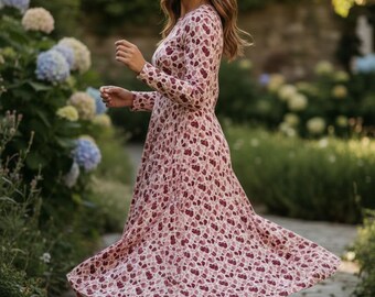 Rosa Blumentanz Kleid Damen Langarm Kleid | Blumendruck, Freizeitkleidung für sie