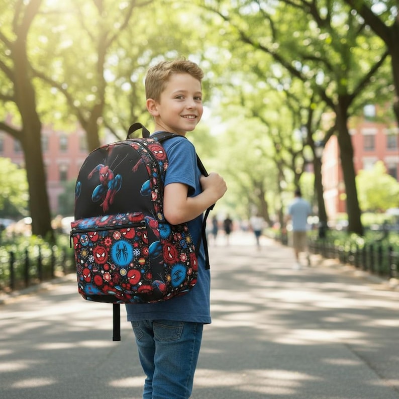 K&ouml;nnte beinhalten: Ein schwarzer Rucksack mit Spider-Man. Der Rucksack hat ein gro&szlig;es Bild von Spider-Man auf der Vorderseite und ein Muster aus Spider-Man-Logos und -Symbolen. Der Rucksack wird von einer Person auf einem von B&auml;umen ges&auml;umten Weg getragen.