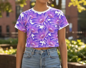 Lila Aquarell Blumen gemütliches Crop T-Shirt | Frauen Gemütliche Kleidung