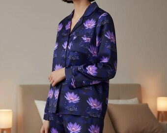 Pijama de mujer de satén con estampado de loto morado / Pijama de mujer de manga larga