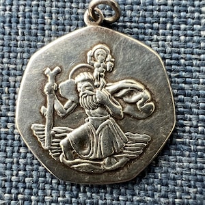 Vintage Silver St. Christopher Medal - Marked &quot;Silver L&N&quot; - 7 Sided Heptagon Shape