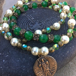 Bronze St. Patrick Medal Three Strand Stack Stretch Bracelet with Swarovski Pearls, Emerald Green Quartz and Brass Beads