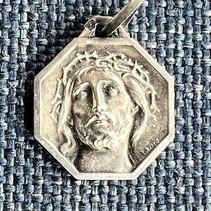 Vintage Sterling Crown of Thorns Jesus French Medal, medium sized, octagon shape