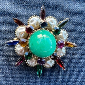 Spectacular RARE Vintage Judy Lee Multicolored Rhinestone and Faux Baroque Pearl 50&#39;s Brooch and Earring Set