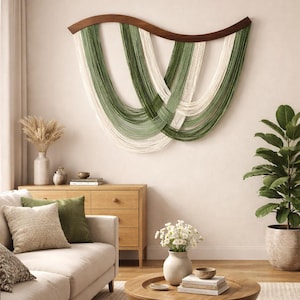 Green Macrame Wall Hanging, Boho Fiber Art, Curved Wood Frame, 80x60cm