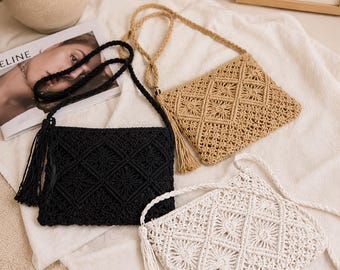 Boho Macrame Shoulder Bag | Woven Tassel Crochet Crossbody Purse