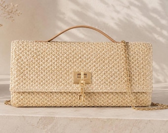 Woven Raffia Straw Clutch Bag, Gold Lock Detail, Beige Summer Evening Purse