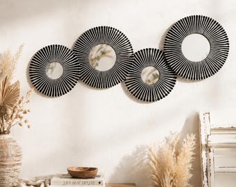 Set of 4 Boho Round Mirrors, Rattan Style Wall Decor, Farmhouse Beige Accent