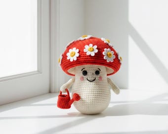 Crochet Mushroom Pattern – Amigurumi Doll with Daisy Cap, Watering Can (PDF Pattern)
