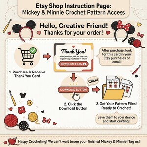 May include: An Etsy shop instruction page for Mickey & Minnie crochet patterns. The image features a step-by-step guide with text and illustrations, including a shopping cart, download button, and pattern files. The text says "Hello, Creative Friend!" and "Thank You!"