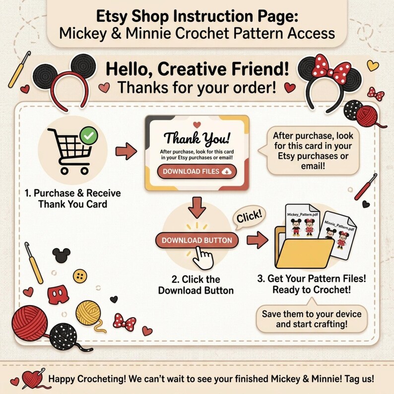 May include: An Etsy shop instruction page for Mickey & Minnie crochet patterns. The image features a step-by-step guide with text and illustrations, including a shopping cart, download button, and pattern files. The text says "Hello, Creative Friend!" and "Thank You!"