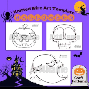 Könnte beinhalten: Eine digitale Vorlage für Halloween-Drahtkunst mit einem Kürbis, einem Totenkopf und einem Geist. Jedes Design enthält nummerierte Schritte und Richtungspfeile zum Biegen des Drahtes. Der violette Hintergrund zeigt eine Spinne, eine Hexe, ein Spukhaus und einen Grabstein mit dem Text 'Craft Patterns' und 'Knitted Wire Art Template HALLOWEEN'.