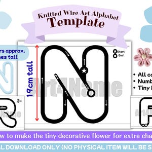 Puede incluir: Plantilla digital para un alfabeto de arte de alambre tejido. La imagen muestra una plantilla de la letra "N" negra, de aproximadamente 19 cm de alto, con flechas que indican la ruta del alambre. Incluye instrucciones para una pequeña flor.