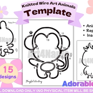 Puede incluir: Una plantilla digital para arte de alambre tejido con animales. La imagen presenta contornos de un conejo, un mono y un pájaro. La plantilla incluye 15 diseños y está etiquetada como "Adorable".