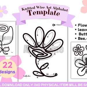 Puede incluir: Descarga digital de una plantilla de alfabeto de arte de alambre tejido con 22 diseños. La plantilla incluye dibujos lineales de flores, hojas y otras formas. El texto de la imagen dice "SOLO DESCARGA DIGITAL (NO SE ENVIARÁ NINGÚN ARTÍCULO FÍSICO)".