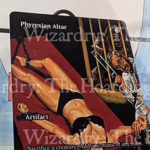 May include: A Phyrexian Altar card featuring a woman in black lingerie, chained to a red surface. The card includes the text "Phyrexian Altar," "Artifact," and "Sacrifice a creature: Add one mana of any color." The artist's name, Norman Eastman, is also visible.