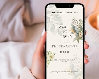 Save the Date Electronic Phone Invitation, Ivory green Floral, Canva Wedding Invite (Digital mobile Download)