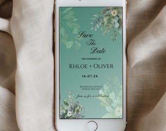 Greenery  mobile Save the Date  Invitation, Eucalyptus Electronic Editable, Digital Canva Invite Template