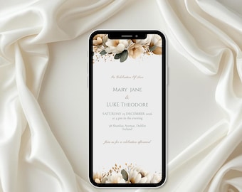 Ivory Gold Floral Wedding Invitation Template, Editable Canva Modern Mobile Evite (Digital Download)