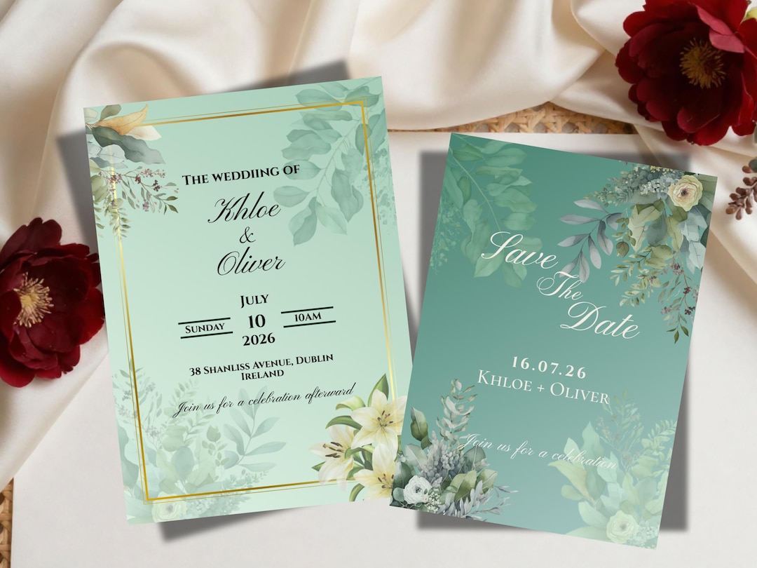 Sage Green Floral Wedding Invitation Suite, Editable Canva Template ...