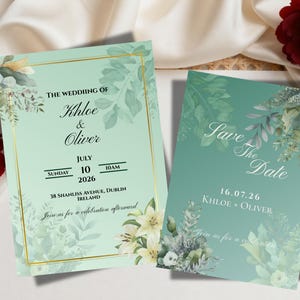 May include: Two wedding invitation cards with a mint green background and floral accents. The left card reads "The Wedding of Khloe & Oliver" with the date July 10, 2026. The right card says "Save the Date" with the date 16.07.26.