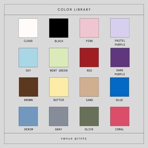 Może przedstawiać: Karta kolor&oacute;w z napisem "COLOR LIBRARY" z 16 pr&oacute;bkami kolor&oacute;w. Kolory obejmują chmurę, czarny, r&oacute;żowy, pastelowy fiolet, niebieski, miętowy zielony, czerwony, ciemny fiolet, brązowy, maślany, piaskowy, niebieski, dżinsowy, szary, oliwkowy i koralowy. Tekst "venus printz" znajduje się na dole.
