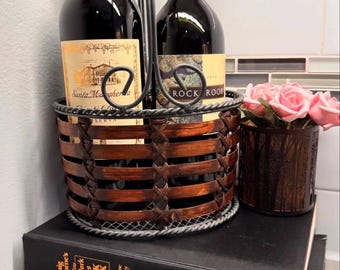 Vintage Wine Bottle Holder Basket – Metal & Woven Wood Wine Caddy (2 Bottle)