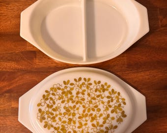 Vintage Pyrex Golden Honeysuckle 063 Divided Casserole with Lid | 1.5 Qt Milk Glass Covered Serving Dish | 945C27 Lid | Made in USA