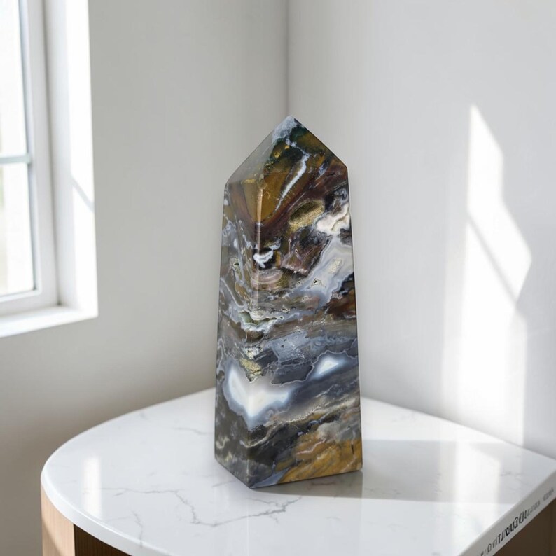 Natural ocean jasper obelisk with earthy brown, gray and white patterns