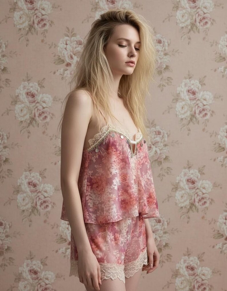 May include: A pink and peach floral pajama set. The top has a layered design with delicate lace trim, and the shorts feature matching lace along the hem. The set is made of a soft, flowing fabric. The background is a floral wallpaper.