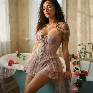 May include: A dusty rose corset top featuring vertical pleating on the bodice, a lace-up front closure, and a multi-layered ruffled lace skirt hem. The garment is constructed with thin shoulder straps and a structured, form-fitting silhouette.