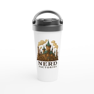 May include: White travel mug with a black lid and handle. The mug features a detailed illustration of a steampunk castle with the text "NERD FACTORIES" in a brown and gold colour scheme.