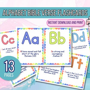 Puede incluir: Tarjetas didácticas de versículos bíblicos del alfabeto con letras coloridas y pasajes de las escrituras. Las tarjetas tienen un borde de puntos de colores del arcoíris e incluyen el texto ALPHABET BIBLE VERSE FLASHCARDS, INSTANT DOWNLOAD AND PRINT, 13 PAGES.