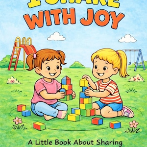 May include: Children's book cover with the title "I Share With Joy" in yellow and orange lettering. Two young girls are building block towers on a green lawn. The text "A Little Book About Sharing" is at the bottom.
