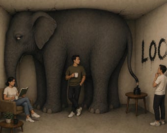 Elephant in the Room Art Print, Writing on the Wall Artwork, Conceptual Digital Download