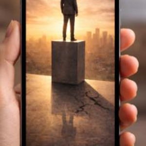 May include: A smartphone displays an image of a person in a suit standing on a concrete block, overlooking a cityscape at sunset. The phone is held in a hand, with the screen's reflection visible on the surface below the block.