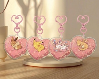 Cute Pokémon Heart 2” Epoxy Holographic Keychain – Kawaii Pikachu, Eevee, Sylveon & Dragonite Acrylic Charm – Pink Aesthetic Gift