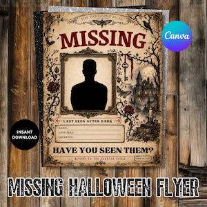 Könnte beinhalten: Ein Vermisstenplakat im Vintage-Stil mit dem Text THE VANISHING FILES, MISSING, LAST SEEN AFTER DARK, HAVE YOU SEEN THEM? und REPORT TO THE HAUNTED HOUSE. Es enthält einen zentralen Rahmen für eine Silhouette, gotische Blumenranken und ein Schloss.