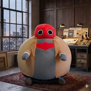 May include: A round, plush character toy featuring a red head with two large black and white eyes, a red bat-shaped emblem on the chest, a grey torso, and a tan jacket. The figure has small grey arms and dark brown feet, designed with a soft texture.