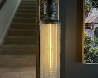 Repurposed Industrial Filter Cage Wall Light – 15” LED Sconce on Reclaimed Wood