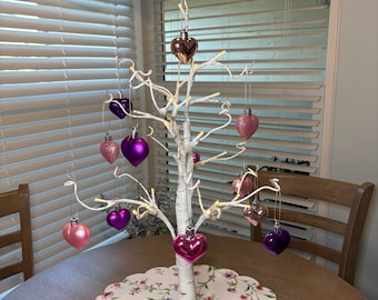 Lighted Birch Tree with Heart Ornaments