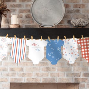 Ready to Print Red White and Due Baby Shower Onesie Banner: A Little Firecracker is on the Way, 4th of July (Instant Download)