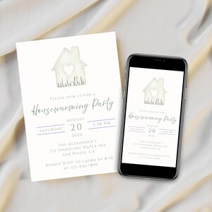 Pode incluir: Um convite para uma festa de boas-vindas com um gráfico de casa em aquarela e o texto "Housewarming Party". O convite é exibido em um cartão branco e na tela de um smartphone. A data é 20 de agosto de 2026 às 14h30.
