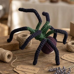 May include: A crocheted spider toy featuring a dark purple abdomen, a green central body, and eight long, segmented legs that transition from green at the base to dark navy blue at the tips. The spider is crafted with visible yarn stitches.
