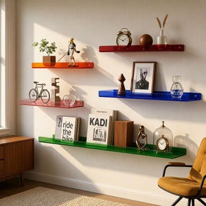 May include: A set of five wall-mounted floating shelves made of translucent acrylic in red, orange, blue, and green. The shelves are arranged in a staggered pattern and hold various decorative items including books, a clock, and figurines.